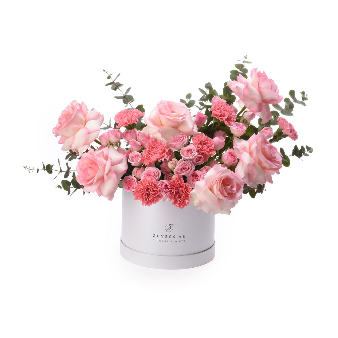 Elegant pink roses and carnations in sleek white box with eucalyptus accents.