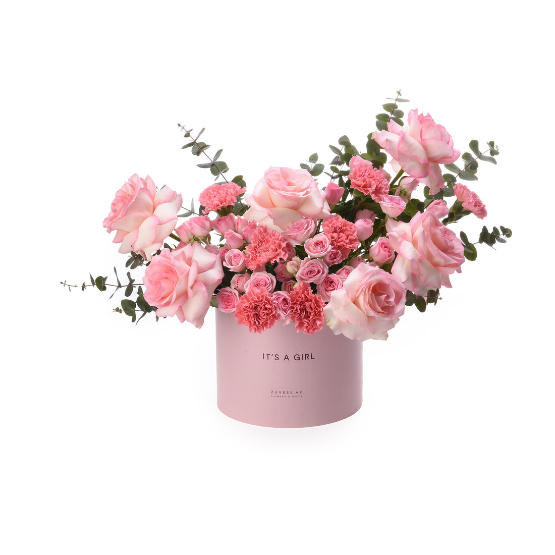 Soft pink roses and carnations in a matching "It&