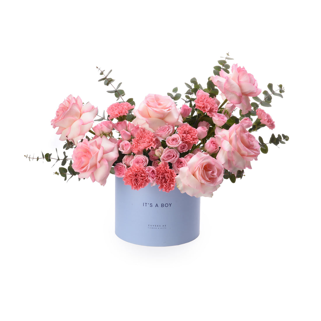Pastel pink roses and carnations in light blue "It&