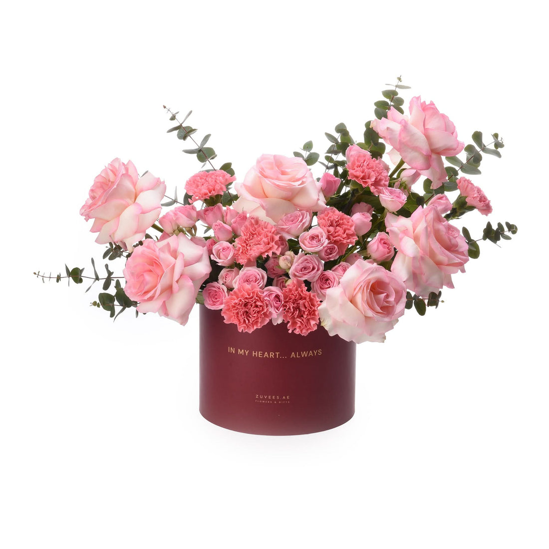 Pink roses, carnations, eucalyptus in burgundy "In My Heart... Always" box, elegant gift arrangement.
