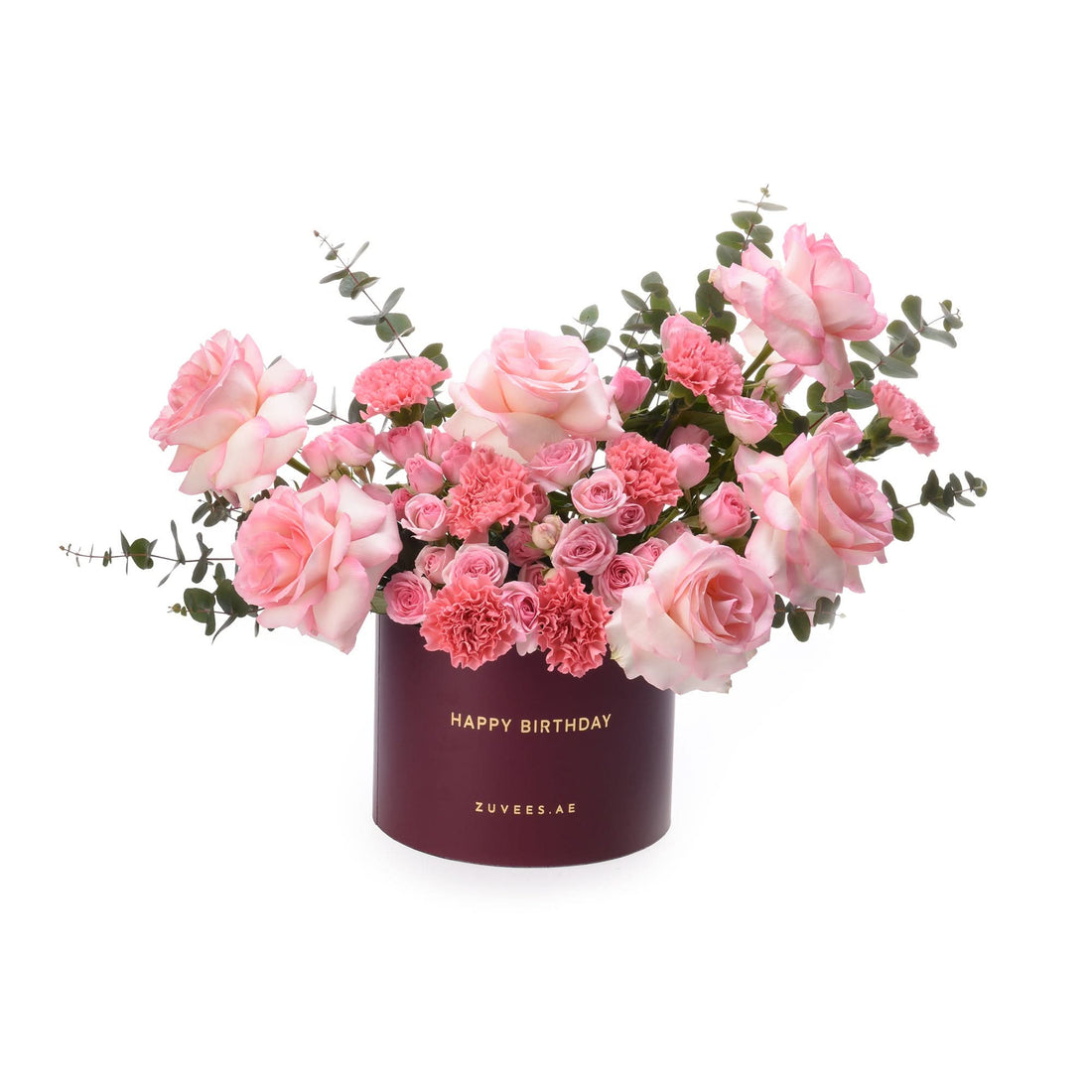 Pink roses and carnations in burgundy box with "Happy Birthday" gold text.