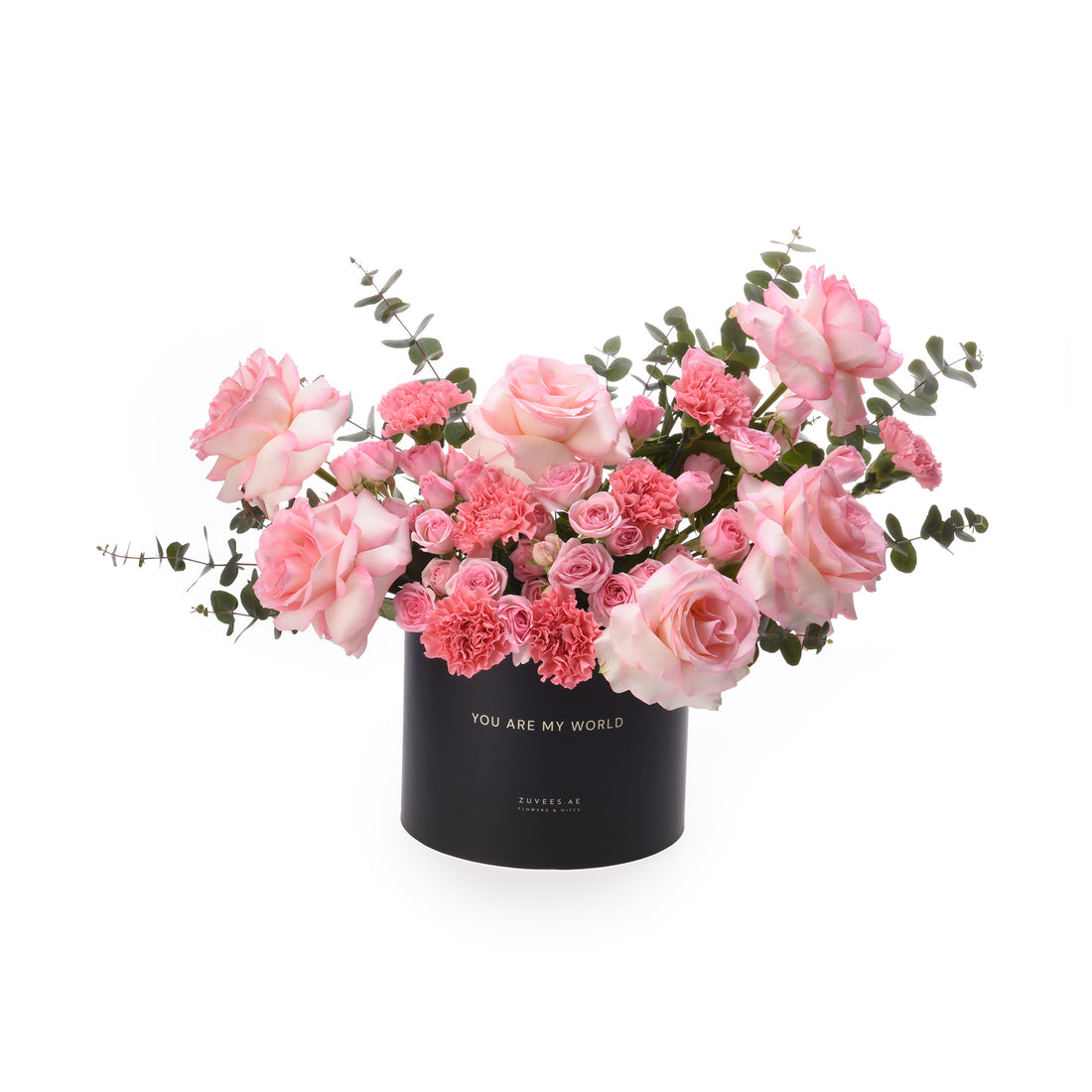 Elegant pink rose and carnation bouquet in black box with "You Are My World" inscription.