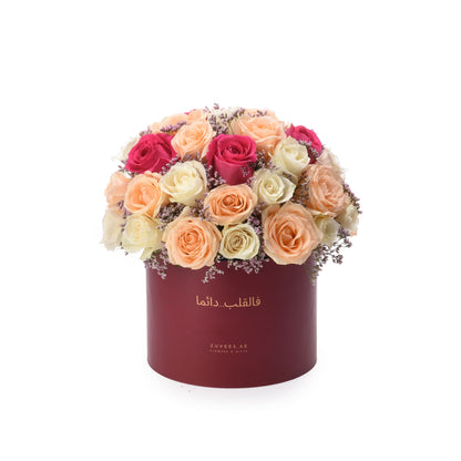 Vibrant multi-toned roses in burgundy box with Arabic text.