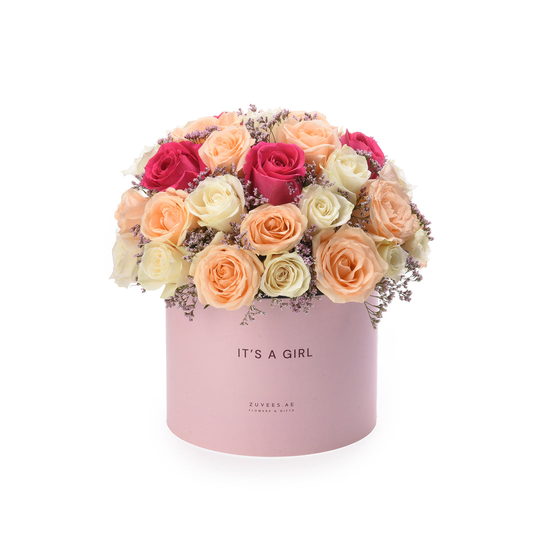 Pink box holds vibrant peach, white, and magenta roses with lavender accents.