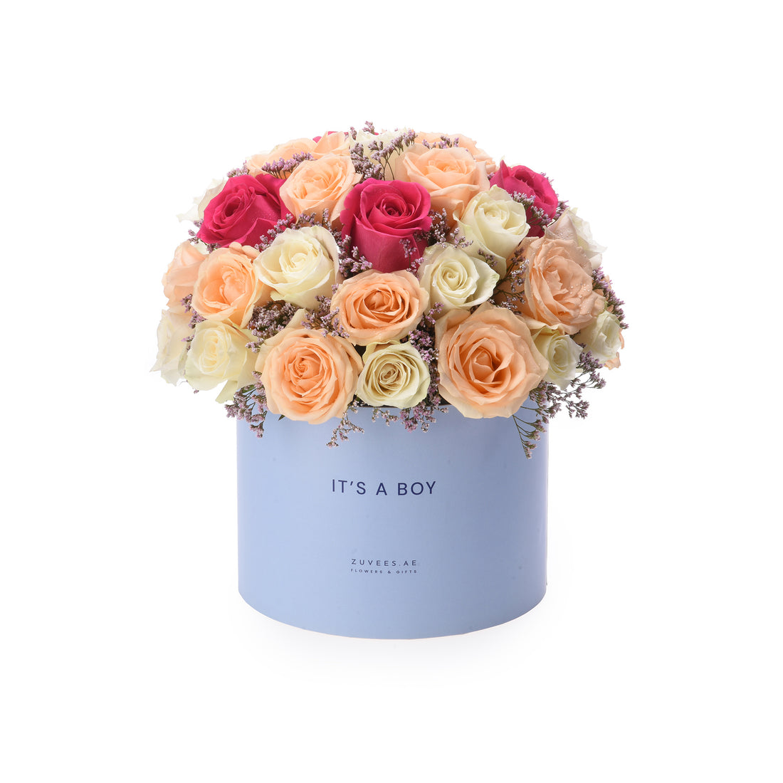 Pastel roses and baby’s breath in light blue box reading “It’s a Boy”.