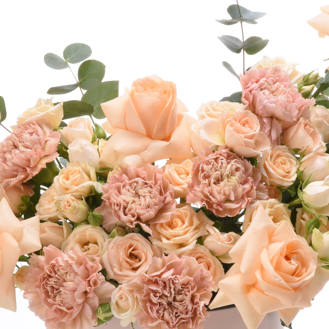 Soft peach roses and carnations with eucalyptus, dewdrops, and gentle hues.