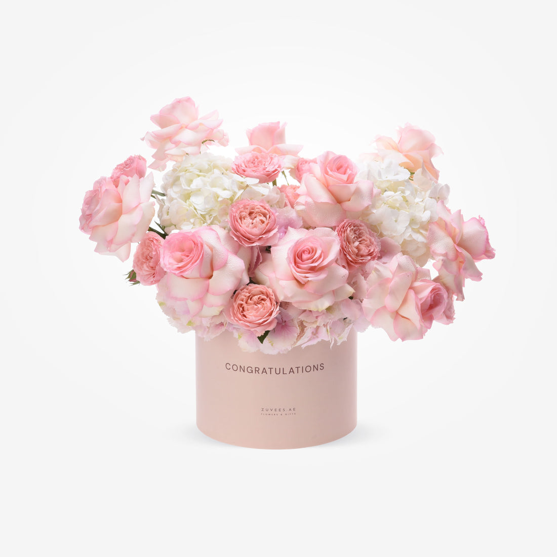 Soft pink roses and hydrangeas in blush box reading "Congratulations".