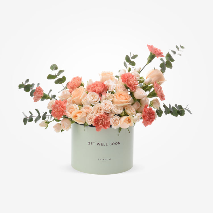 Pastel peach roses and carnations in mint-green "Get Well Soon" box.