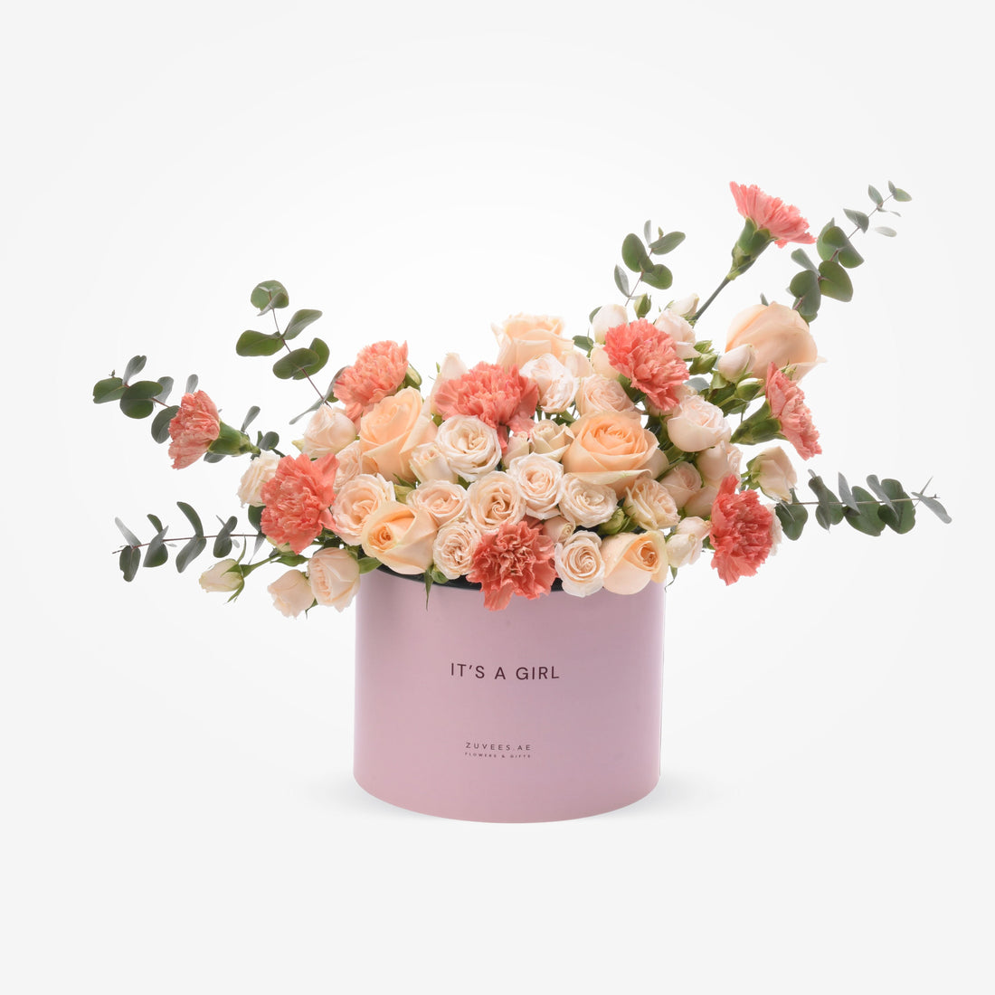Soft pink box with peach roses and carnations, "It&