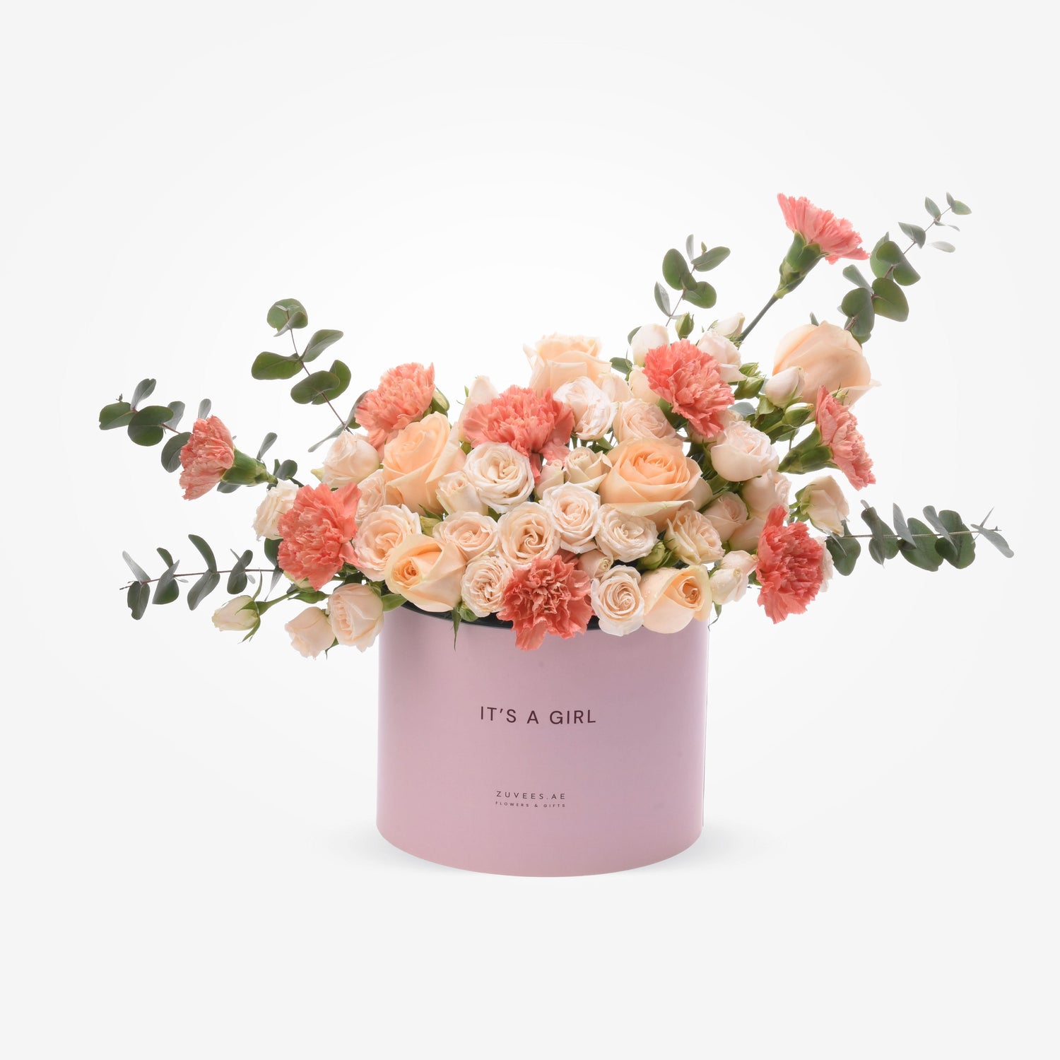 Soft pink box with peach roses and carnations, "It&