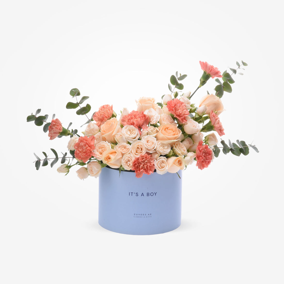 Soft peach roses and carnations in light blue "It&
